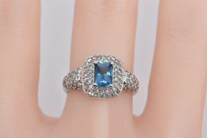 10K 1.66 Ctw Emerald Cut Blue Topaz Pave Diamond Ring White Gold