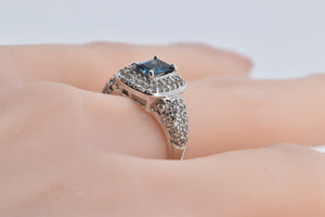 10K 1.66 Ctw Emerald Cut Blue Topaz Pave Diamond Ring White Gold