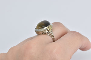 14K Art Deco Cat's Eye Mother of Pearl Filigree Ring White Gold