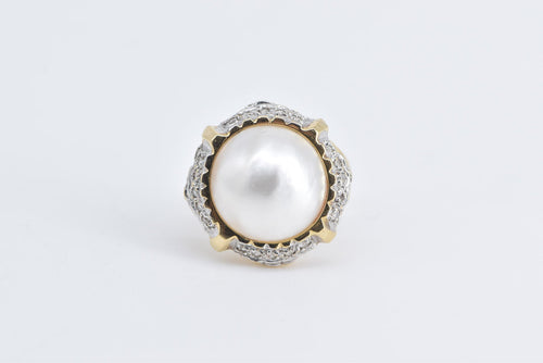 14K Pearl Natural Diamond Cluster Statement Ring Yellow Gold