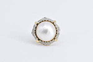 14K Pearl Natural Diamond Cluster Statement Ring Yellow Gold