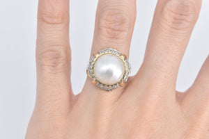 14K Pearl Natural Diamond Cluster Statement Ring Yellow Gold