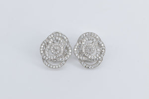 Sterling Silver Pave Encrusted CZ Flower Rose French Clip Earrings