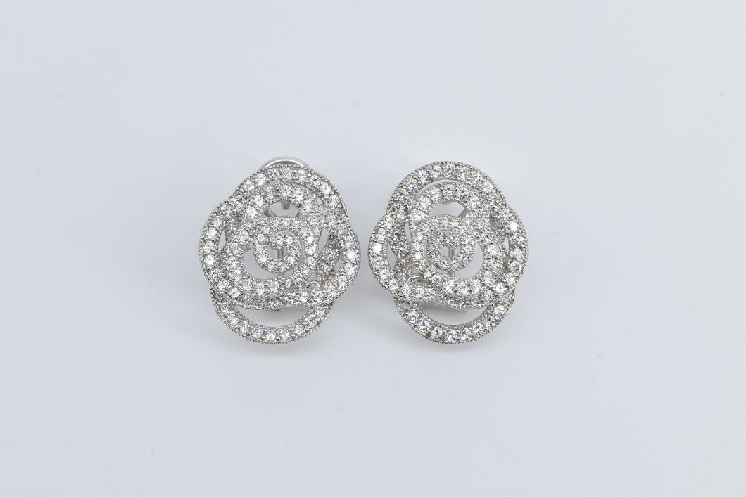 Sterling Silver Pave Encrusted CZ Flower Rose French Clip Earrings