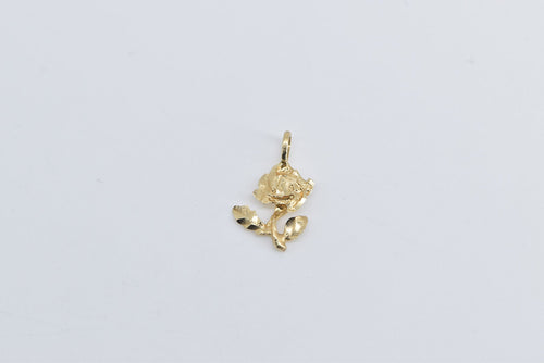 14K Diamond Cut Rose Flower Romantic Motif Charm/Pendant Yellow Gold