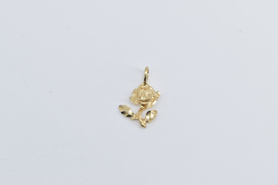 14K Diamond Cut Rose Flower Romantic Motif Charm/Pendant Yellow Gold