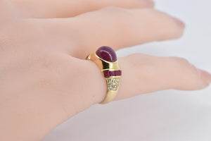 18K Oval Ruby Princess Natural Diamond Vintage Ring Yellow Gold