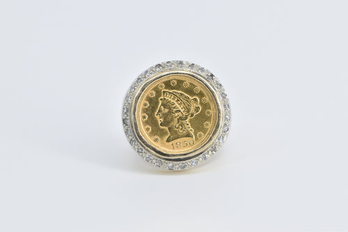 14K 1850-O $2.50 Liberty Head Coin Diamond Ring Yellow Gold