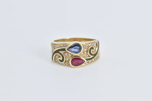 Load image into Gallery viewer, 14K Pear Natural Ruby Sapphire Diamond Enamel Ring Yellow Gold