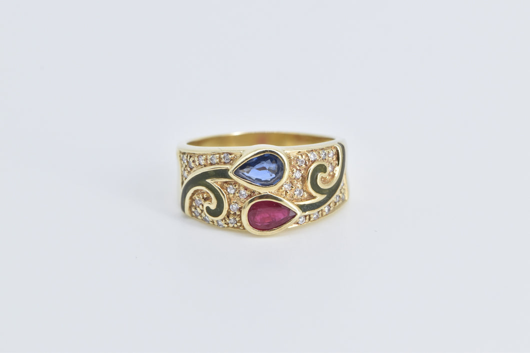 14K Pear Natural Ruby Sapphire Diamond Enamel Ring Yellow Gold