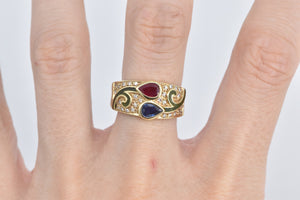 14K Pear Natural Ruby Sapphire Diamond Enamel Ring Yellow Gold