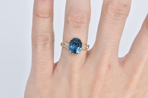 14K Oval Blue Topaz Diamond Bypass Cocktail Ring Yellow Gold