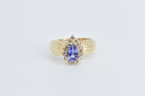 14K Pear Tanzanite Diamond Halo Statement Ring Yellow Gold