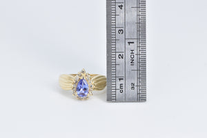 14K Pear Tanzanite Diamond Halo Statement Ring Yellow Gold