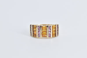 14K Pink Topaz Baguette Citrine Statement Band Ring Yellow Gold