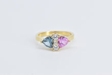 Load image into Gallery viewer, 14K Trillion Syn Pink Blue Sapphire CZ Statement Ring Yellow Gold