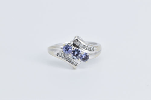 14K Three Stone Tanzanite Diamond Vintage Bypass Ring White Gold