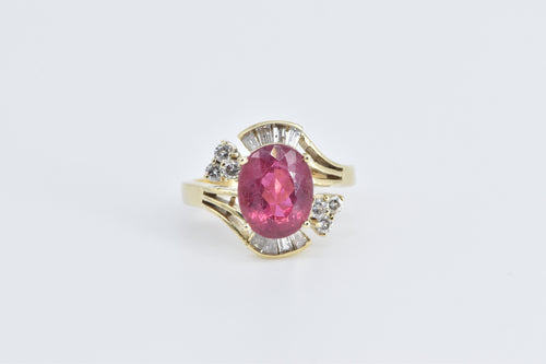 14K Pink Tourmaline Baguette Diamond Statement Ring Yellow Gold