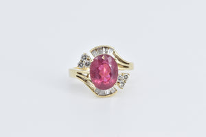 14K Pink Tourmaline Baguette Diamond Statement Ring Yellow Gold