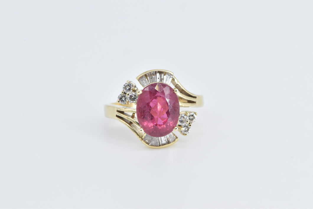 14K Pink Tourmaline Baguette Diamond Statement Ring Yellow Gold