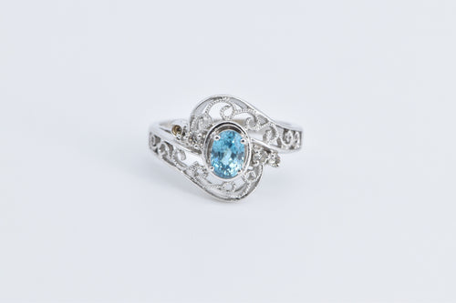 14K Oval Blue Topaz Diamond Filigree Statement Ring White Gold