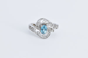 14K Oval Blue Topaz Diamond Filigree Statement Ring White Gold