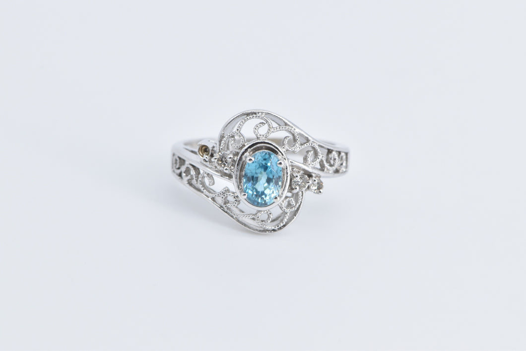 14K Oval Blue Topaz Diamond Filigree Statement Ring White Gold