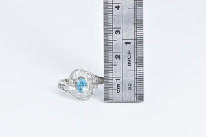 14K Oval Blue Topaz Diamond Filigree Statement Ring White Gold