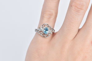 14K Oval Blue Topaz Diamond Filigree Statement Ring White Gold