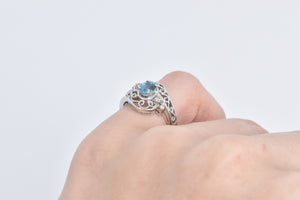 14K Oval Blue Topaz Diamond Filigree Statement Ring White Gold