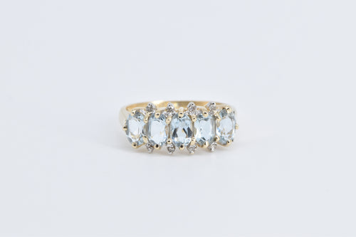 14K Aquamarine Five Stone Diamond Accent Band Ring Yellow Gold