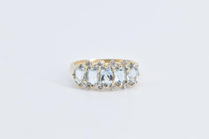 14K Aquamarine Five Stone Diamond Accent Band Ring Yellow Gold