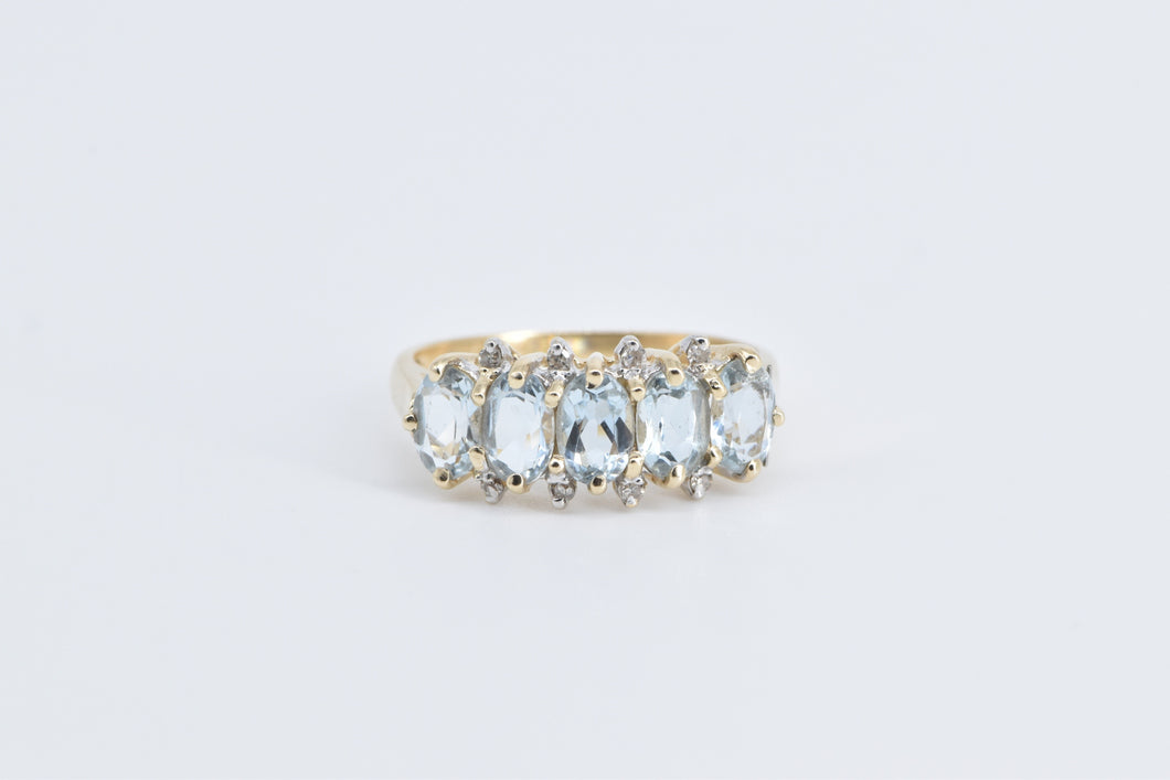 14K Aquamarine Five Stone Diamond Accent Band Ring Yellow Gold