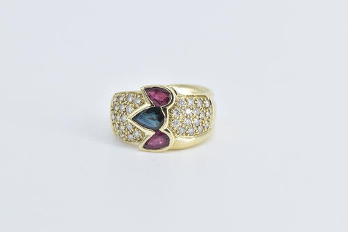 14K Pear Sapphire Ruby Pave Diamond Band Ring Yellow Gold