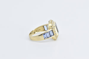 14K Emerald Blue Topaz Diamond Halo Tanzanite Ring Yellow Gold