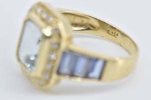 14K Emerald Blue Topaz Diamond Halo Tanzanite Ring Yellow Gold