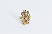 Load image into Gallery viewer, 18K Sapphire Ruby Diamond Flower Cluster Vintage Ring Yellow Gold