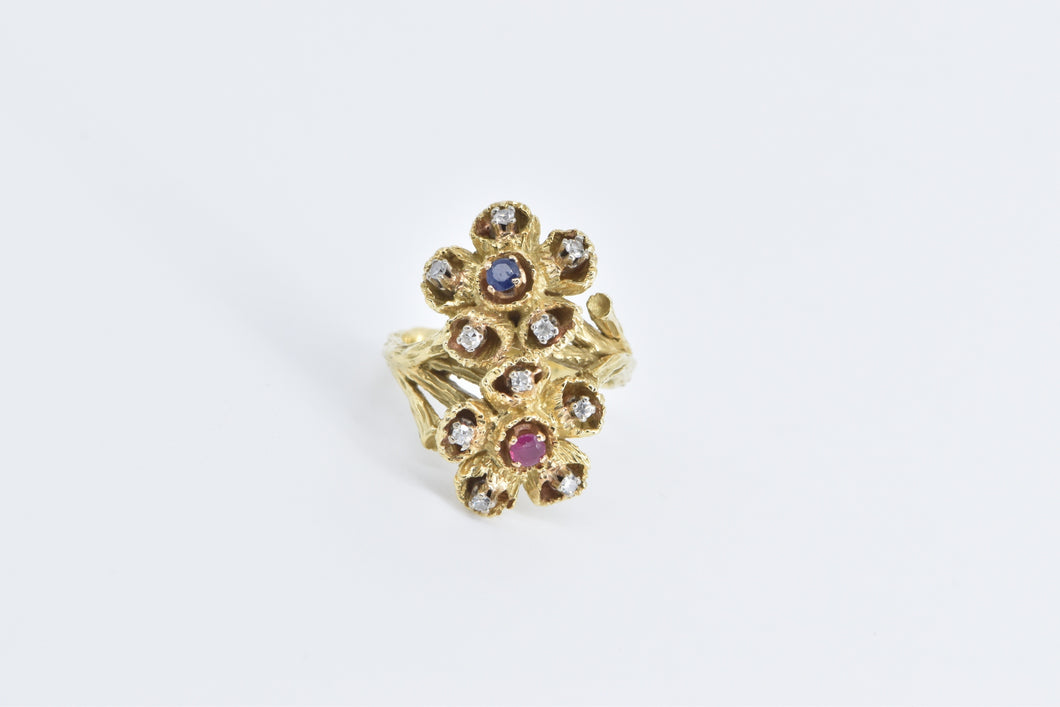 18K Sapphire Ruby Diamond Flower Cluster Vintage Ring Yellow Gold