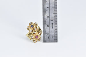 18K Sapphire Ruby Diamond Flower Cluster Vintage Ring Yellow Gold