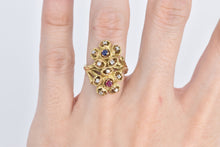 Load image into Gallery viewer, 18K Sapphire Ruby Diamond Flower Cluster Vintage Ring Yellow Gold