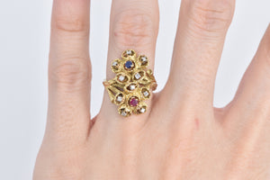 18K Sapphire Ruby Diamond Flower Cluster Vintage Ring Yellow Gold