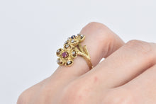 Load image into Gallery viewer, 18K Sapphire Ruby Diamond Flower Cluster Vintage Ring Yellow Gold