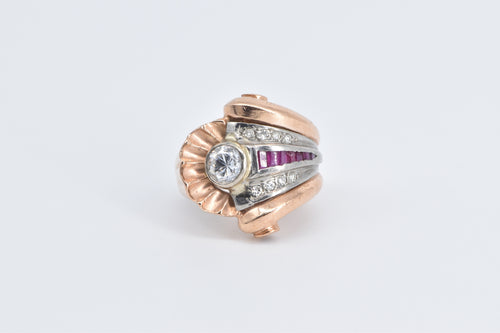 14K 1930's Scallop Sea Shell Ruby CZ Diamond Ring Rose Gold