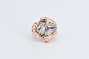 14K 1930's Scallop Sea Shell Ruby CZ Diamond Ring Rose Gold