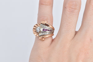 14K 1930's Scallop Sea Shell Ruby CZ Diamond Ring Rose Gold