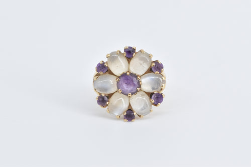 14K Amethyst Moonstone Flower Cluster Cocktail Ring Yellow Gold