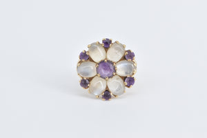 14K Amethyst Moonstone Flower Cluster Cocktail Ring Yellow Gold