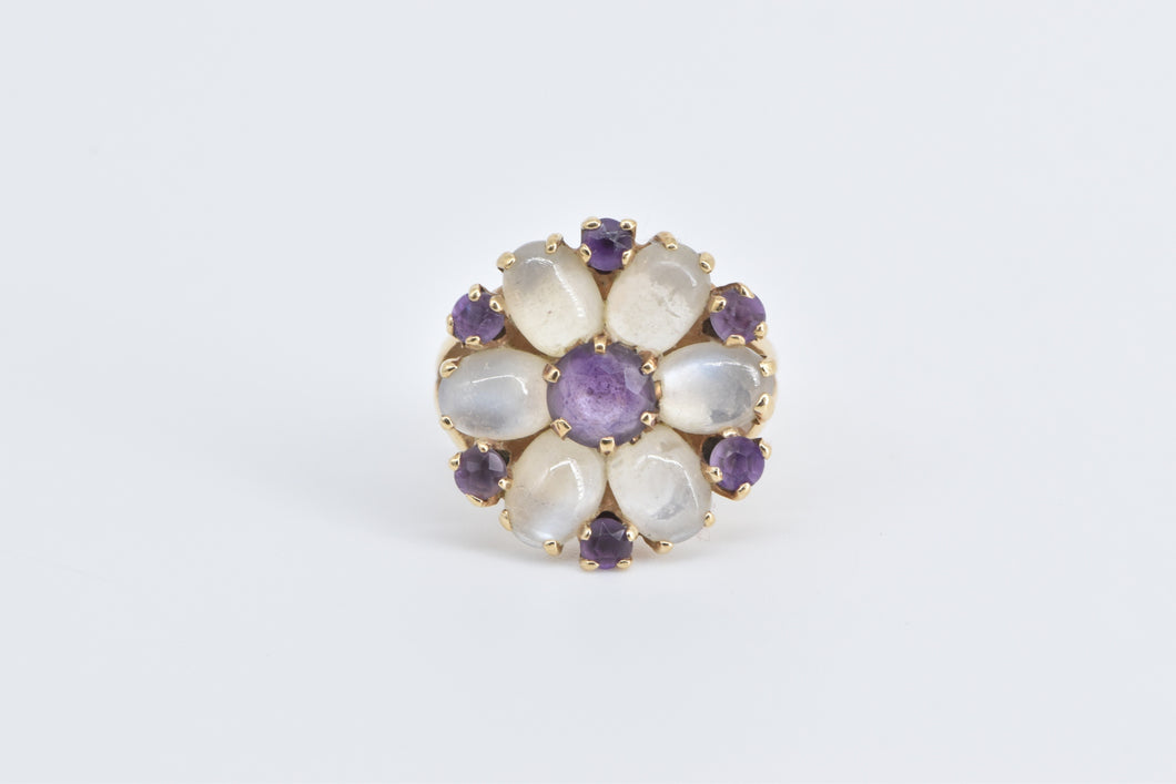 14K Amethyst Moonstone Flower Cluster Cocktail Ring Yellow Gold