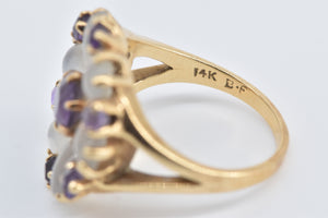 14K Amethyst Moonstone Flower Cluster Cocktail Ring Yellow Gold