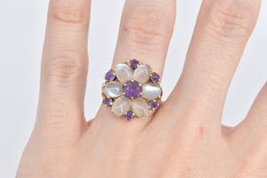 14K Amethyst Moonstone Flower Cluster Cocktail Ring Yellow Gold